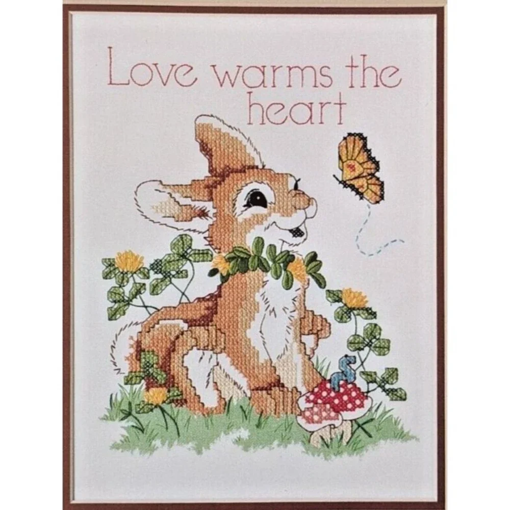 Vintage Stamped Cross Stitch Kit Love Warms the Heart Rabbit Butterfly‎ Mushroom